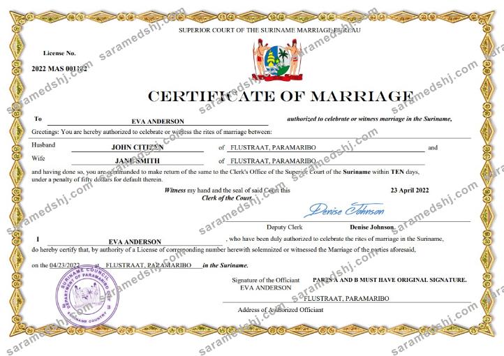 Suriname marriage certificate Word and PDF template